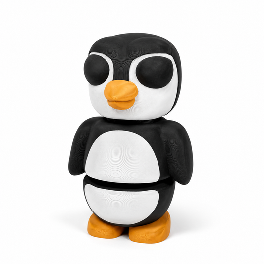 Figura decorativa articulada de pingüino en negro, blanco y amarillo sobre fondo perla