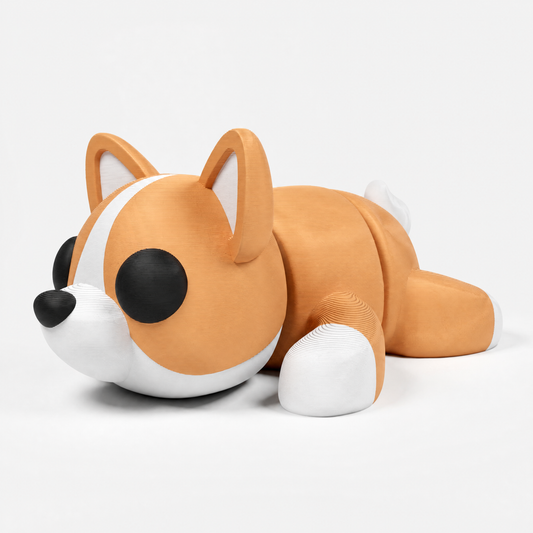 Figura decorativa articulada de corgi en blanco, naranja y negro sobre fondo perla