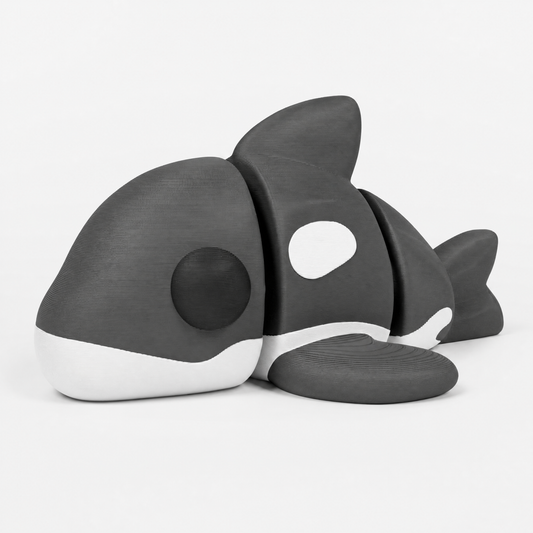 Figura decorativa articulada de orca en blanco, gris y negro sobre fondo perla